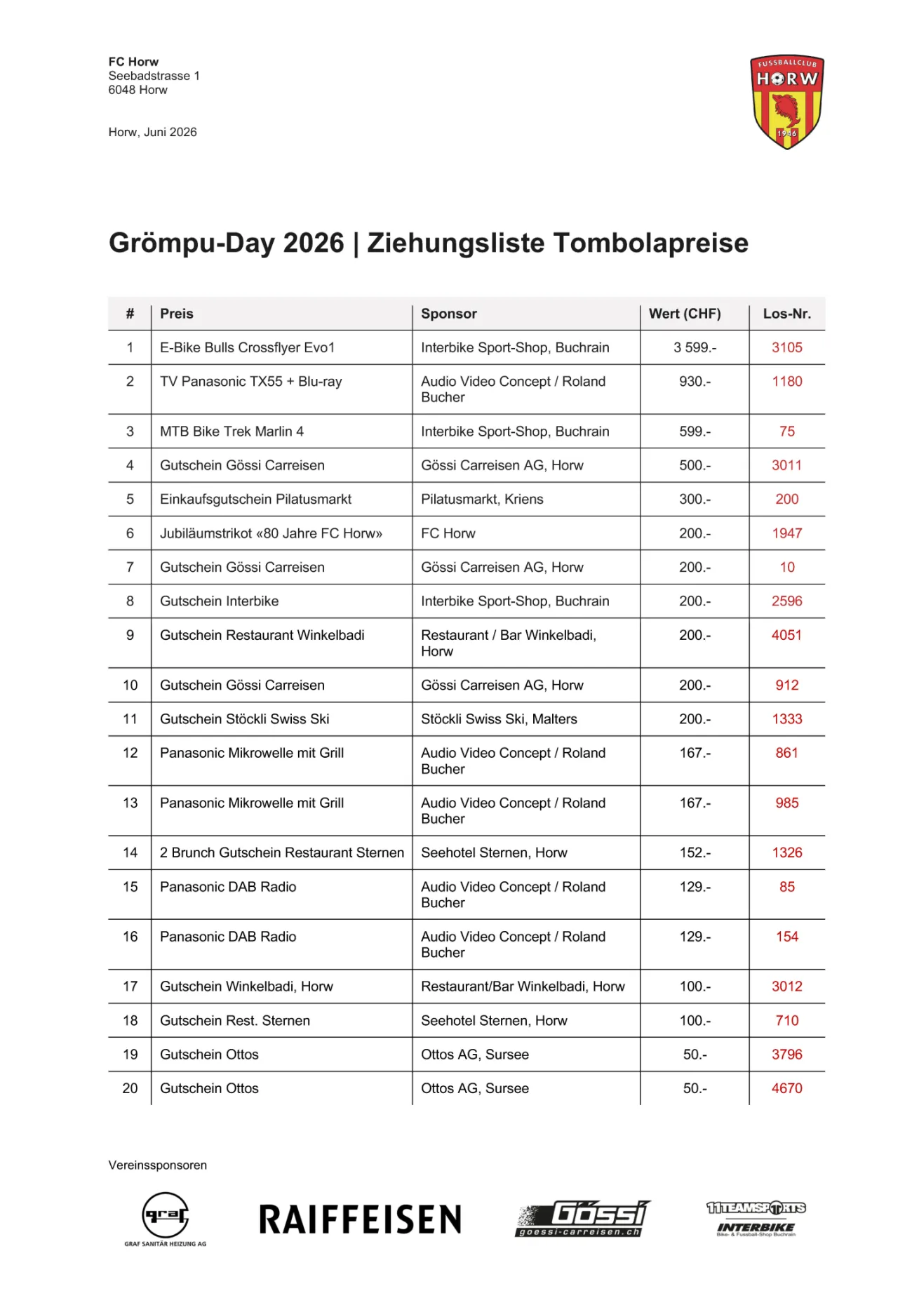 Groempu Day 2026 Ziehungsliste Tombolapreise Seite 1